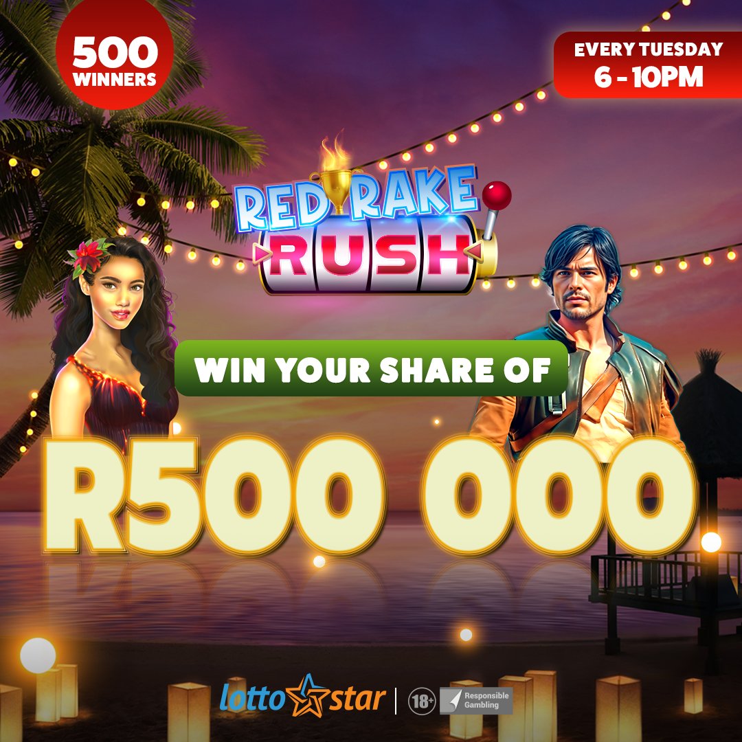 Lotto_Star's tweet photo. Reel excitement awaits on tonightโs Red Rake Rush Tournament from 6 to 10 PM โฐ, where you could be 1 of 500 winners ๐ to win a share of R500,000 with just a spin of the slot! ๐ฐ
#LottoStar #RedRakeRush #SpinToWin #MzansiWins https://t.co/EJcYZAfGlO