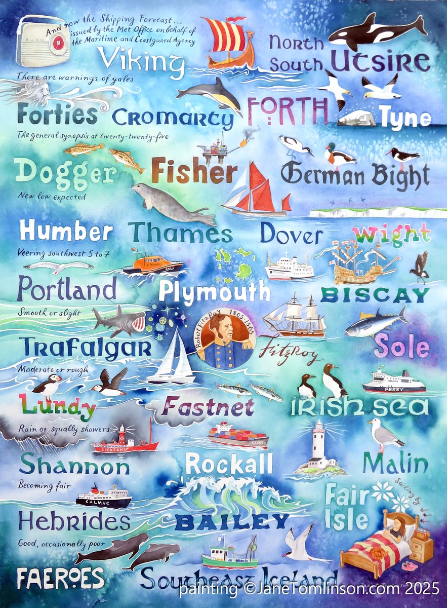 JaneSunflower's tweet photo. #SailingBy is my new #painting of the #ShippingForecast. A meditative visual lullaby, I've focused on the words plus some illustrations.
More info: https://t.co/r7s8jMwHZo #shipping #forecast #metoffice #weather #typography #seareas #sailing #art #bbcradio4 #fitzroy #handpainted https://t.co/NhpqZkWjNA