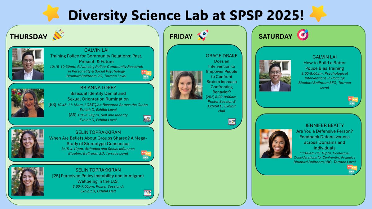 🌟Come check out our stellar line-up at #SPSP2025! 🌟 We'll be presenting topics such as confronting sexism, police bias training, and instability in U.S. immigration policy 💫