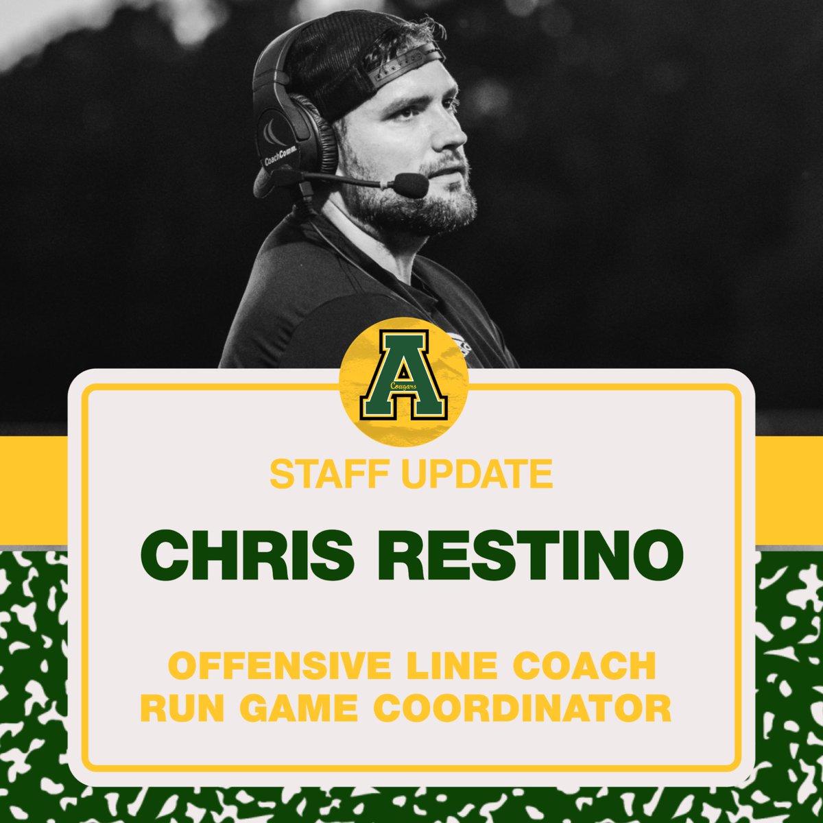Introducing Coach Chris Restino, as our Offensive Line Coach and Run Game Coordinator. Coach Restino has been on staff here for 5 seasons serving as the OL Coach for our program.