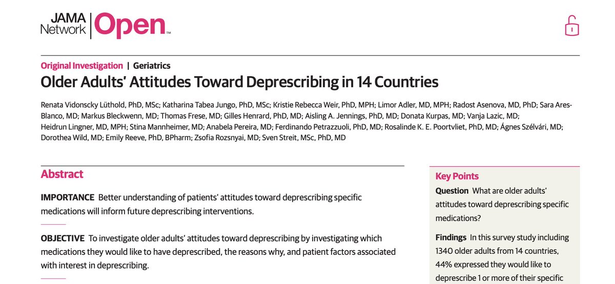 A new study conducted in 14 different countries shares patients’ (n=1380) perspective on #deprescribing:
 
 - 81% were willing to stop a med if advised by their MD
 - 44% named meds they wished to stop: top 3 meds were diuretics, lipid-modifying agents, agents acting on the