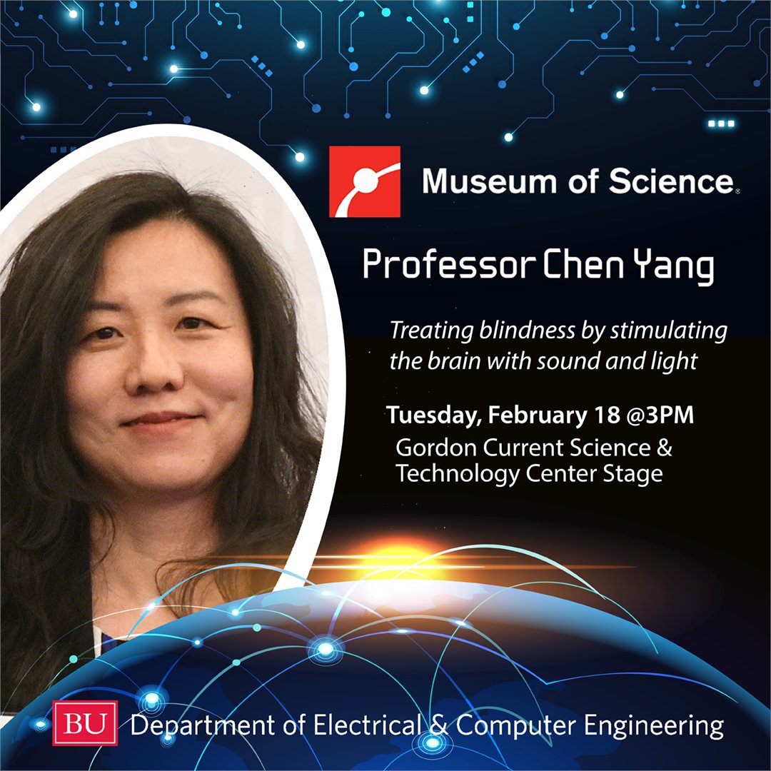 BU Dept. of Electrical & Computer Engineering (@bu_ece) on Twitter photo 3PM at Boston's <a href="/museumofscience/">Museum of Science</a>: Professor Chen Yang will give a short all-ages presentation on her work on photoacoustic neuromodulation - that is, using sound and light to directly stimulate the human brain for therapeutic purposes! Free with the price of admission. 3PM at Boston's <a href="/museumofscience/">Museum of Science</a>: Professor Chen Yang will give a short all-ages presentation on her work on photoacoustic neuromodulation - that is, using sound and light to directly stimulate the human brain for therapeutic purposes! Free with the price of admission.