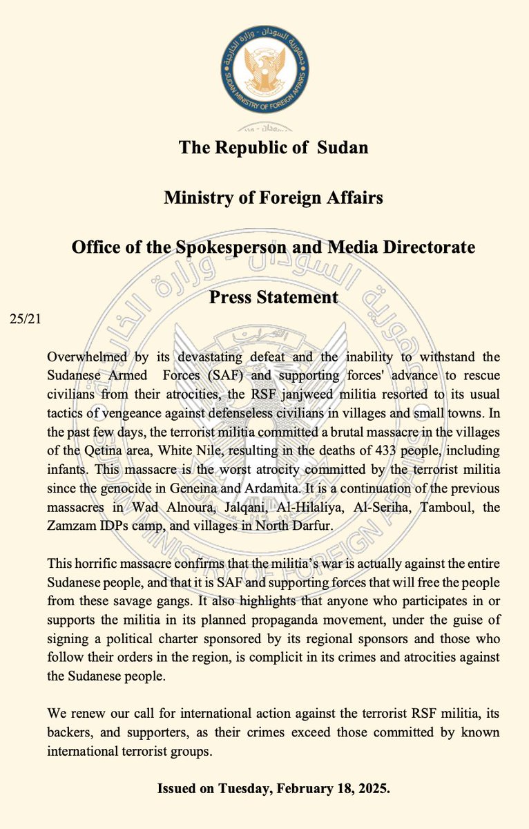 433, including children, killed in White Nile by the RSF--the deadliest attack since the genocidal massacre of Geneina. That its done simultaneously to declaring a new government is the perfect encapsulation of who the RSF are and how they will "govern" areas under its control.