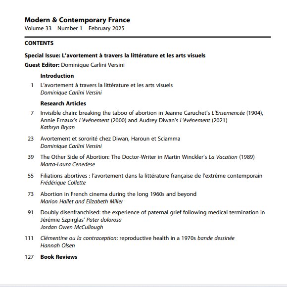 Our special February issue L’avortement à travers la littérature et les arts visuels, guest-edited by Dominique Carlini Versini, is now available online ! tandfonline.com/toc/cmcf20/33/… <a href="/asmcf/">ASMCF</a> <a href="/tandfhss/">T&F Social Sciences and Humanities</a>