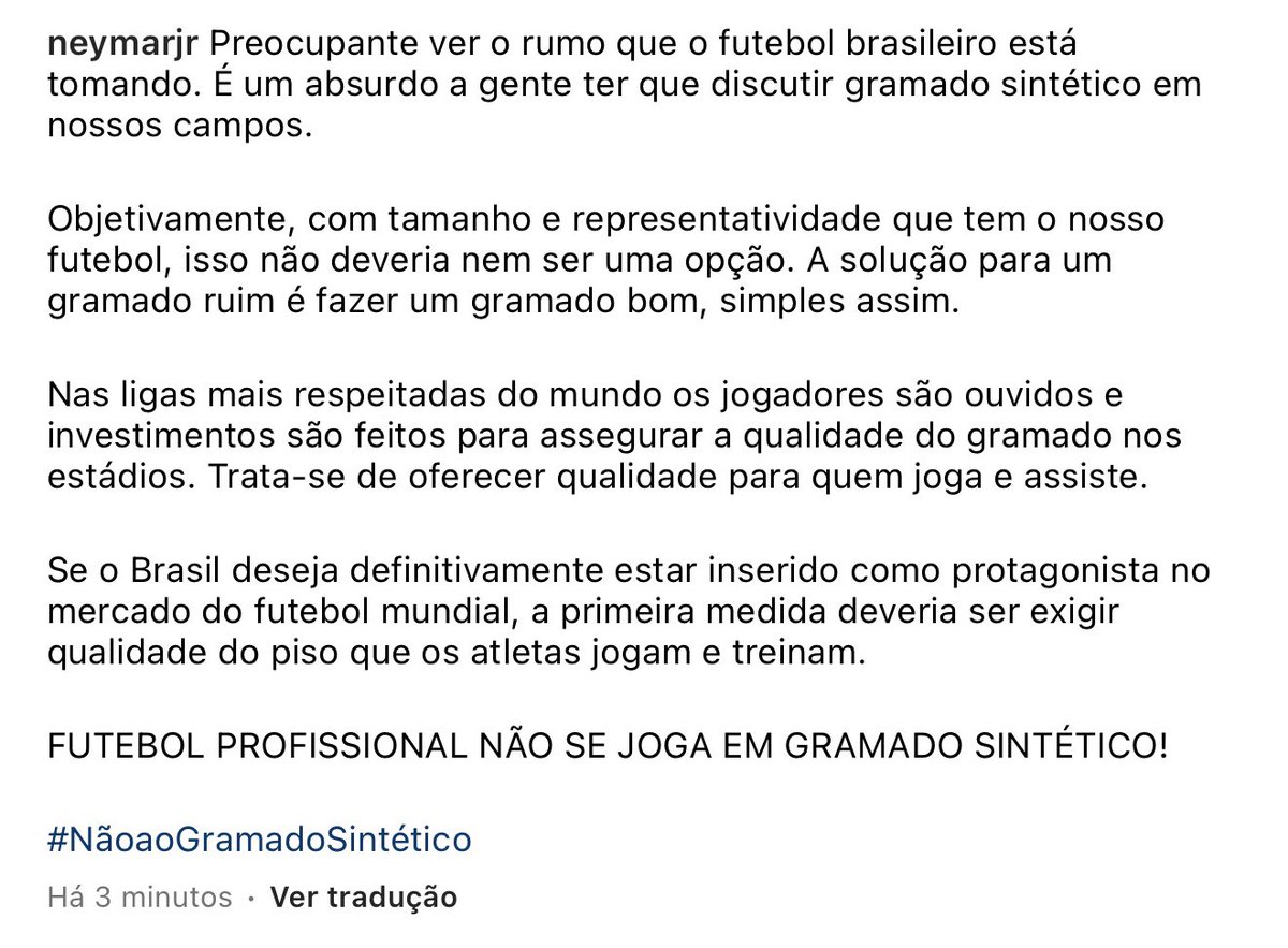 futebol_info's tweet image. ⚠️ Neymar se junta a jogadores como Gabigol, Philippe Coutinho, Lucas, Thiago Silva e Alan Patrick e também se pronuncia contra o uso do gramado sintético no futebol brasileiro.

📸 Divulgação