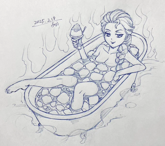 #おやすみイラスト最強大寒波でパワー全開のエルサ様、流氷風呂でご満悦の巻いやほどほどでお願いしますすこしも寒いです#落書き#アナと雪の女王 
