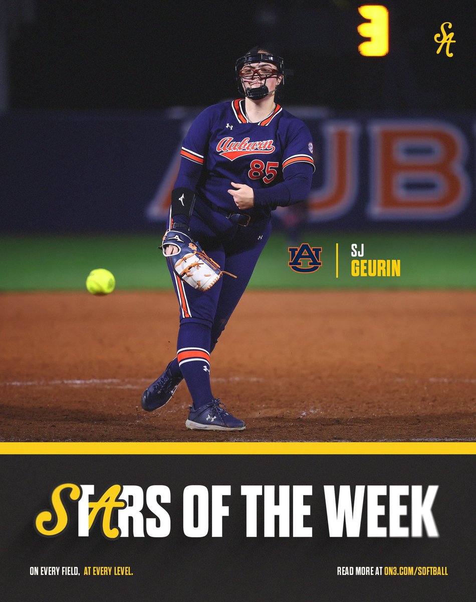 Softball America (@softbalamerica) on Twitter photo Stars of the week 💫 (A thread 🧵)
⭐️ SJ GEURIN (<a href="/AuburnSoftball/">Auburn Softball</a>)
The dominant performances 👉 on3.com/softball/news/…
#Stars | #SoftballAmerica Stars of the week 💫 (A thread 🧵)
⭐️ SJ GEURIN (<a href="/AuburnSoftball/">Auburn Softball</a>)
The dominant performances 👉 on3.com/softball/news/…
#Stars | #SoftballAmerica