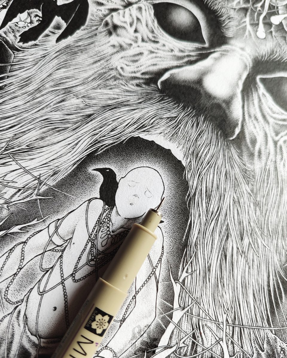 Inking progress on the artwork for Sevengill, closing in on that finish line.. .  .
#PenAndInk #illustration #art