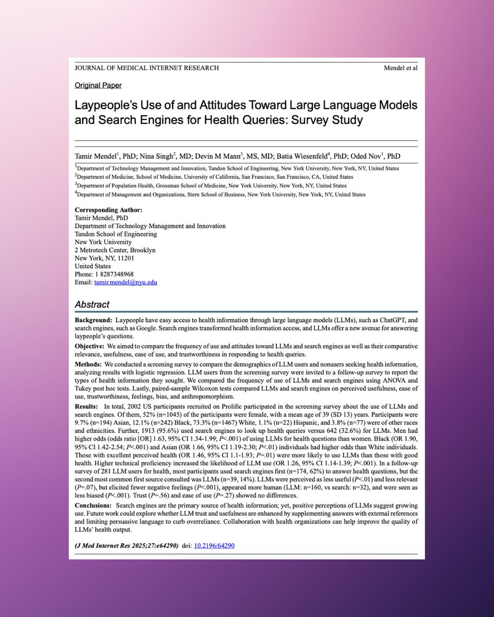 🚨 New study published! 🚨
Featuring our very own, Dr. Devin Mann, this research explores how laypeople use &amp; perceive Large Language Models (LLMs) vs. search engines for health queries. Key findings on trust, usefulness &amp; accuracy. Read more: pubmed.ncbi.nlm.nih.gov/39946180/
#ChatGPT