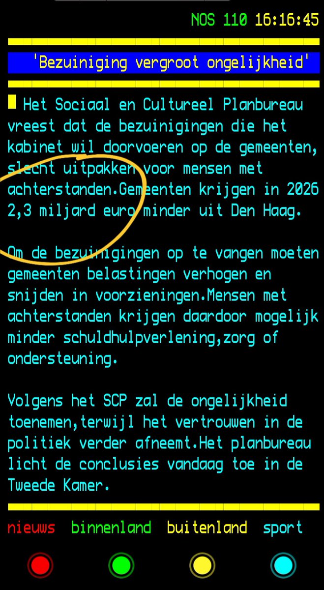 Op 1 en hetzelfde moment maakt Teletekst een verschil van 100 miljoen over hoeveel er wordt bezuinigd op de rijksuitkering aan gemeenten.
Is het 2,3 miljard of ruim 2,4 miljard?