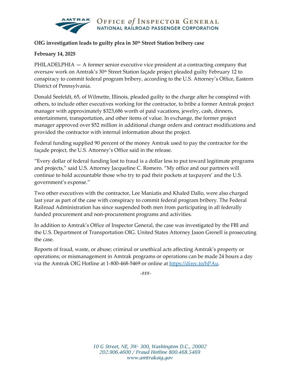 ICYMI: Amtrak OIG investigation leads to guilty plea in 30th Street Station bribery case: direc.to/mq58