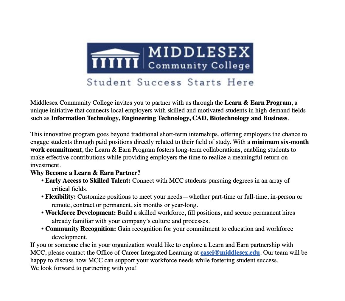 <a href="/middlesex_cc/">MiddlesexCommCollege</a> is pleased to invite you to partner with them through their Learn &amp; Earn Program, which connects local employers with skilled &amp; motivates students in high-demand fields.

Learn more here: middlesex.edu/ocil/learnande…