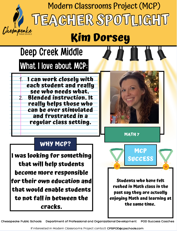 CPS Professional & Organizational Development (@cpsprofdev) on Twitter photo 🌟 Teacher Spotlight: Kim Dorsey | Deep Creek Middle 🌟
With MCP, students enjoy math while learning at their own pace! 💡 Kim Dorsey loves how blended instruction supports every learner and builds responsibility. <a href="/modernclassproj/">The Modern Classrooms Project</a> <a href="/Mrs_KimCollins/">Kimberly Collins</a> 🌟 Teacher Spotlight: Kim Dorsey | Deep Creek Middle 🌟
With MCP, students enjoy math while learning at their own pace! 💡 Kim Dorsey loves how blended instruction supports every learner and builds responsibility. <a href="/modernclassproj/">The Modern Classrooms Project</a> <a href="/Mrs_KimCollins/">Kimberly Collins</a>