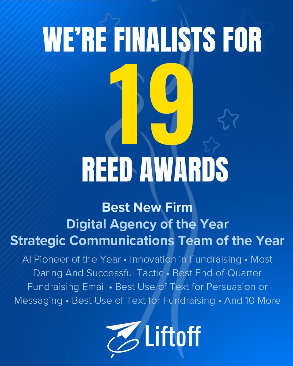 🏆 🇺🇸 Our team has been breaking new ground for two years and we’ve delivered record-breaking results for Democrats. Now, we’re proud to be named <a href="/C_and_E/">Campaigns & Elections</a> Reed Awards Finalists in an incredible 19 categories, including Best New Firm, Digital Agency of the Year, &amp; Strategic