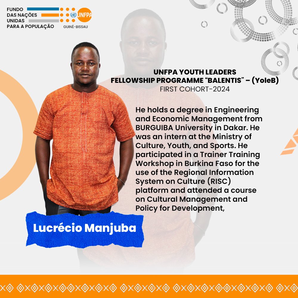 UNFPAGNB's tweet photo. Passionate about culture and social innovation, Lucrécio is an engineer and cultural manager with international experience. His goal is to strengthen the cultural sector and expand opportunities for youth.

#Youth2030
#PutYoungPeopleFirst
#YouthLeadership
#YouthNOW
#YouthLead https://t.co/eTmeucLAVG