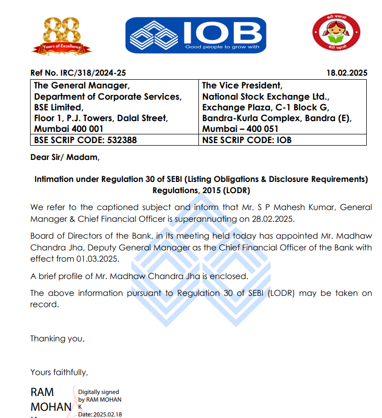 #JustIn | Indian Overseas Bank appoints Madhaw Chandra Jha as CFO of the bank w.e.f. March 1, 2025

Alert: Currently, Madhaw Chandra Jha is deputy general manager of the bank