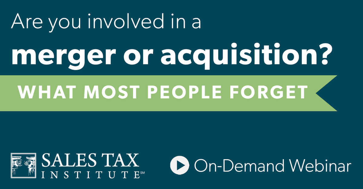 Are you involved in an M&amp;A deal right now? Most people neglect one of the most crucial elements.
It's crucial not to overlook the complexities of sales and use tax compliance. 
 salestaxinstitute.com/sales-tax-educ… #Mergers #MergersAndAcquisitions  #Acquisitions