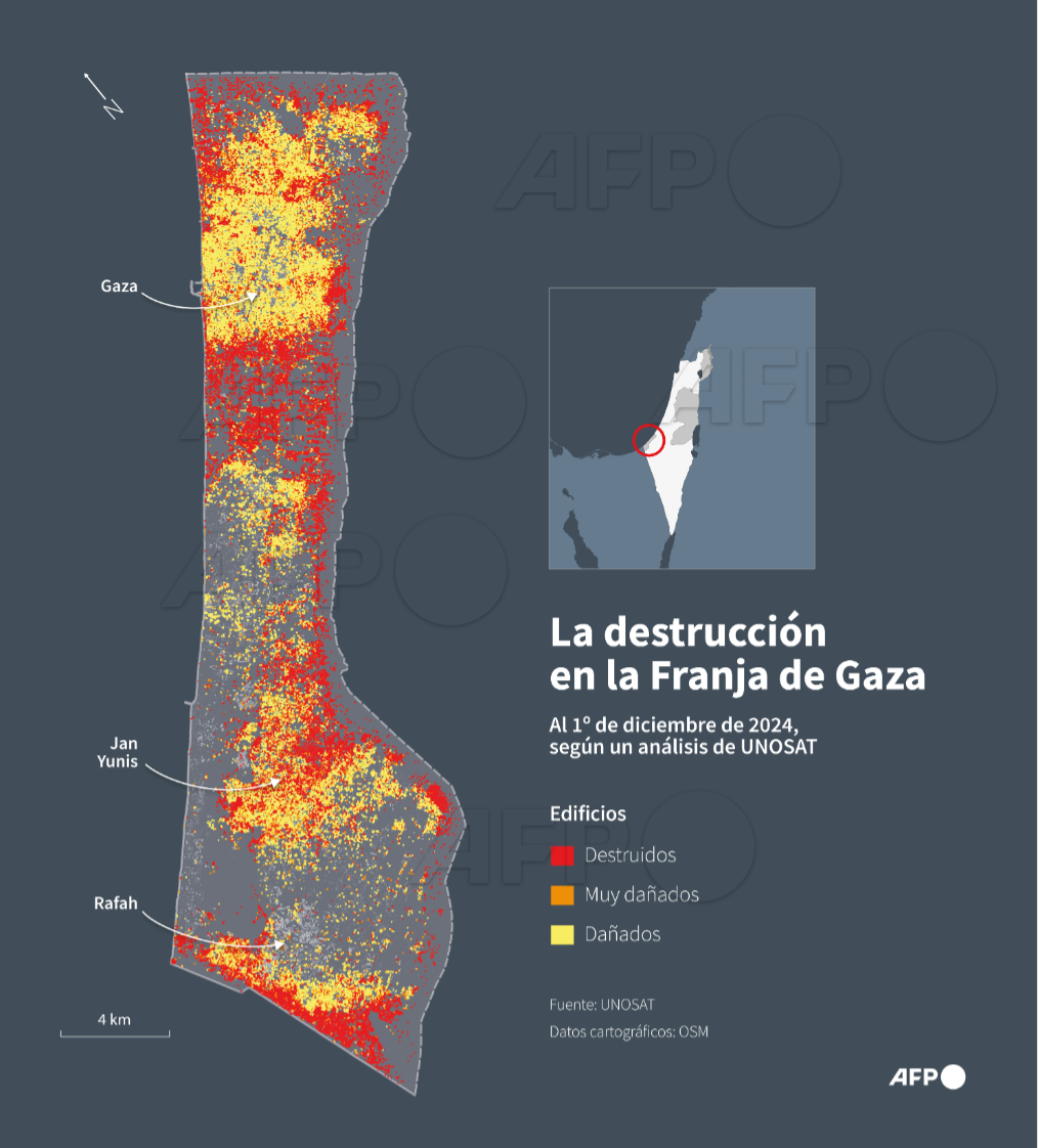 Mapa de la Franja de Gaza mostrando los edificios destruidos o dañados al 1 de diciembre de 2024, según un análisis de UNOSAT #AFP #Infografía