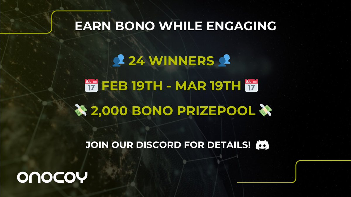Earn BONO While Engaging – Get Ready to Earn! 🚀

2,000 $BONO in prizes are up for grabs starting tomorrow over the next 4 weeks! 🔥

Whether you’re here to engage, create, or spread the word about onocoy - there’s a way for everyone to win.

How can you get involved? 👀

👉