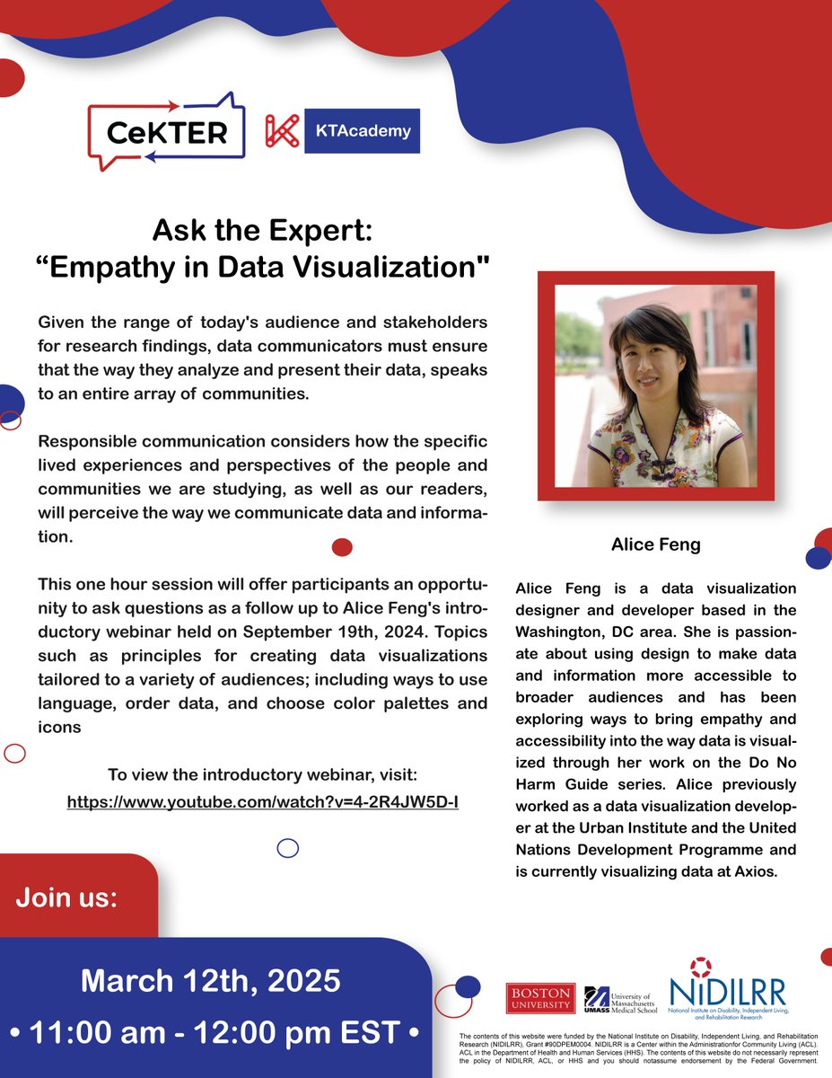#AskTheExpert "Empathy in Data Visualization" w/Alice Feng. attendees can ask her questions on #DataVisualization. March 12th, 11 AM - 12 PM EST. 
Register here: bostonu.zoom.us/webinar/regist…

<a href="/UMass_SPARC/">UMass Chan iSPARC</a>
<a href="/psyrehab/">BU Center for Psychiatric Rehabilitation</a>