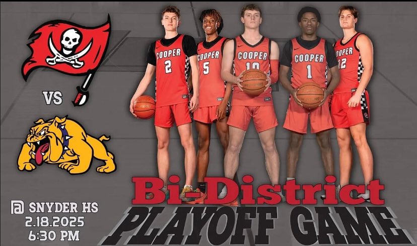 Lubbock-Cooper Boys Basketball (@basketballlcp) on Twitter photo It’s Game Day!
Bi District Championship
Vs. Abilene Wylie
@ Snyder High School
6 30 PM
Livestream: LCISD Athletics You Tube Channel
 (youtube.com/@LCISDAthletics)
Let’s Go Pirates! It’s Game Day!
Bi District Championship
Vs. Abilene Wylie
@ Snyder High School
6 30 PM
Livestream: LCISD Athletics You Tube Channel
 (youtube.com/@LCISDAthletics)
Let’s Go Pirates!