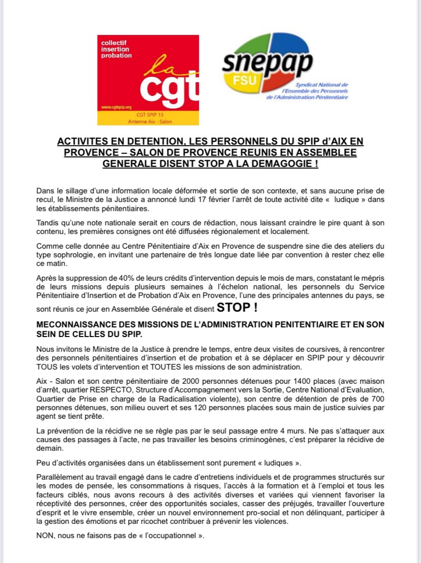 olicaq's tweet photo. Arrêt des activités socio-culturelles en détention, stop à la démagogie ! Les personnels du SPIP d’Aix en Provence - Salon de Provence réunis en Assemblée Générale sont prêts à entrer en mobilisation si les missions du SPIP continuent d’être foulées du pied. https://t.co/U67PbeTr5c