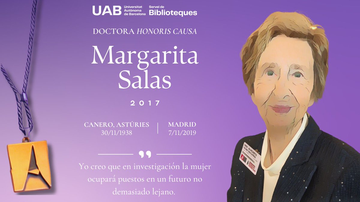 bibliotequesUAB's tweet photo. 📢 Qui és qui? Continuem amb la nostra sèrie per retre homenatge a les dones que han deixat empremta en la #ciència, la cultura i la societat: les #DoctoresHonorisCausa de la @UABBarcelona! 🌟

Parlem de Margarita Salas (1938-2019).

#BibExposUAB #DonesAutònoma #DonesiCiència https://t.co/l70un9djU4