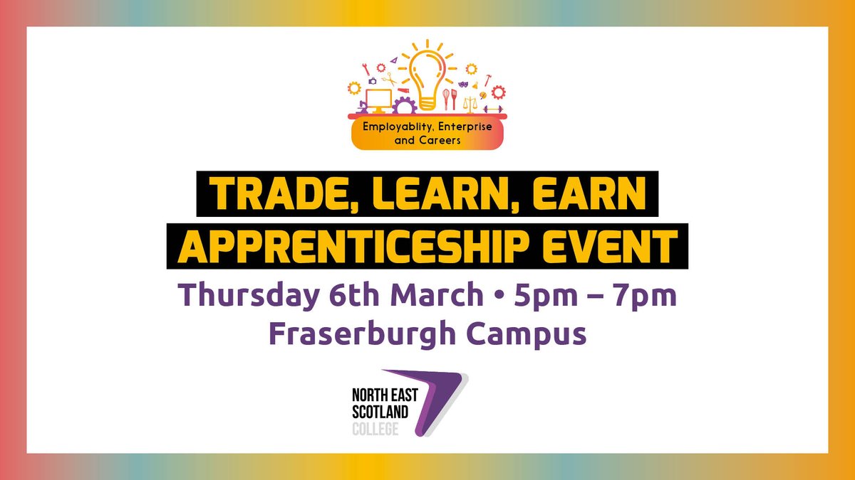 We're hosting a free Trade, Learn, Earn apprenticeship event as part of #ScotAppWeek2025!

📆 Thurs 6 March, 5-7pm
📍NESCol Fraserburgh Campus, Henderson Road, Fraserburgh, AB43 9GA
✏️ Find out more and book your place: loom.ly/mmJEt1k

#Fraserburgh #Apprenticeship