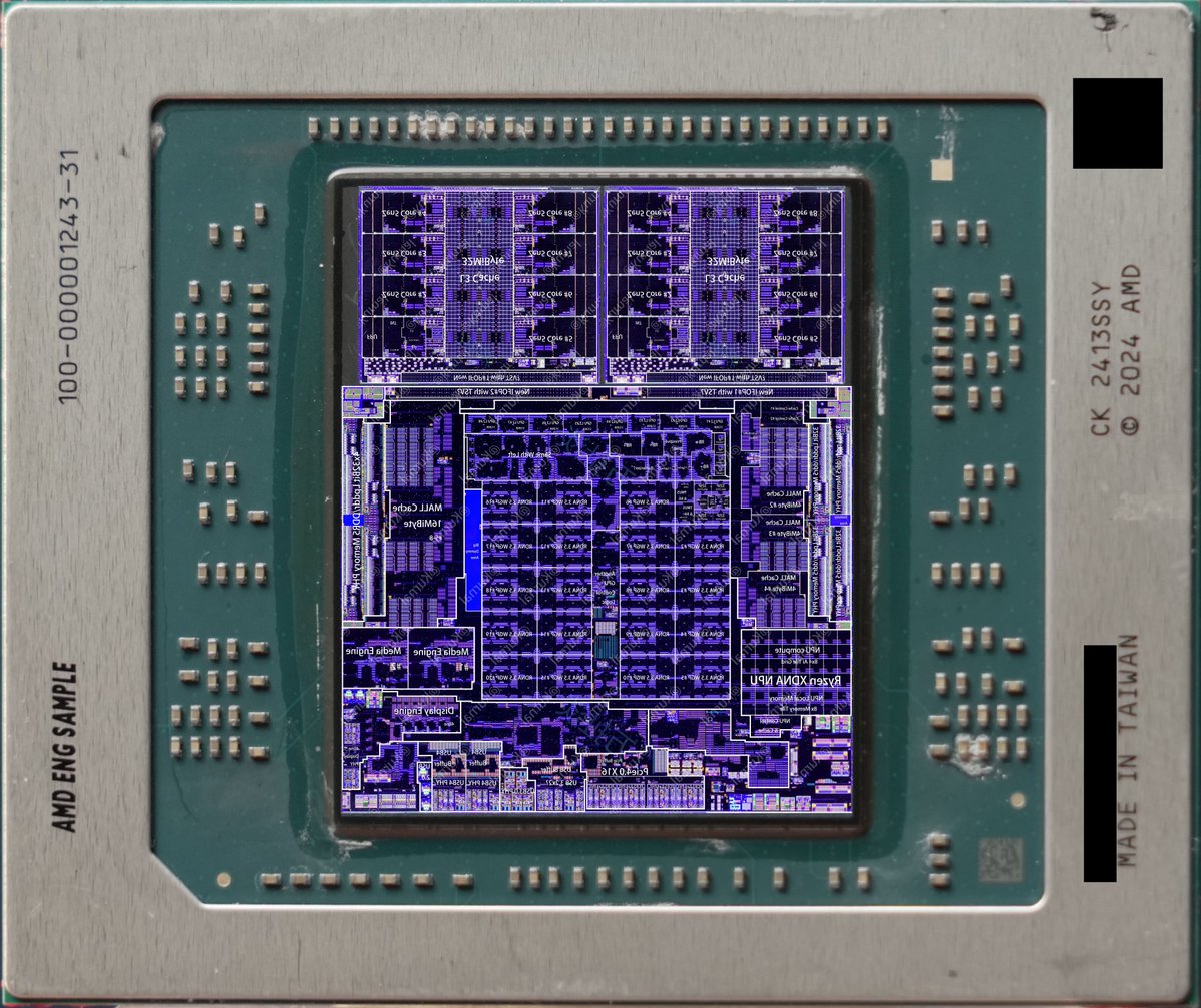 Kurnalsalts's tweet photo. AMD Ryzen Ai Max + Pro 395
Strix Halo
Dieshot
Thanks By@ASUS Tony 俞元麟 give chip
Thanks By@万扯淡 Decap
@Kurnalsalts Layout

SOC Diesize：16.02x19.20
CPU Diesize：7.42x9.04

use info os/info rdl（no Si Bridge/interposer）

High Pixel Photo pls join team
https://t.co/MI6oCa2yOA https://t.co/grFcwYrOya