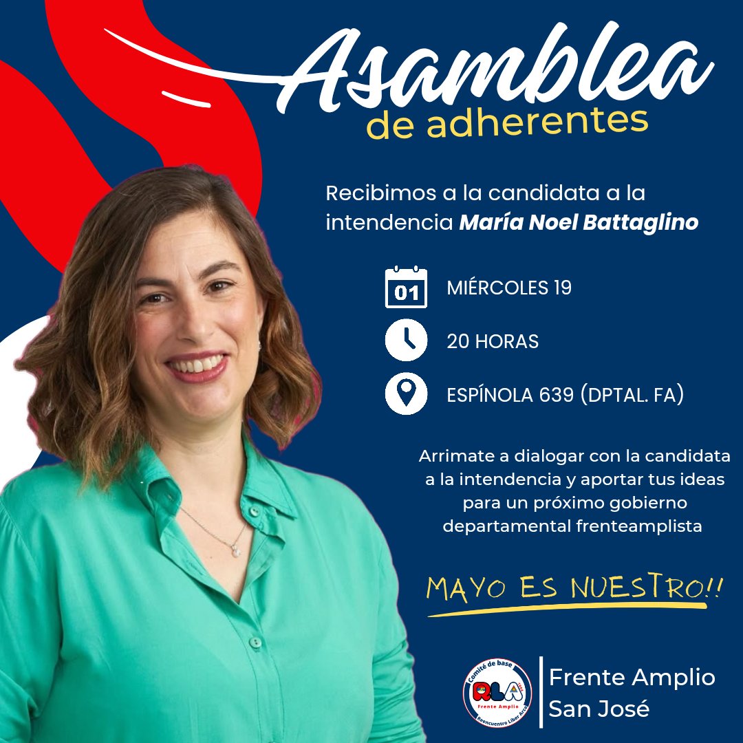 Mañana a las 20 horas estaremos recibiendo a la candidata a la Intendencia María Noel Battaglino, arrimate a sumar tus ideas!!

Miércoles 19
20 horas
Espínola 639 (Dptal. FA)
