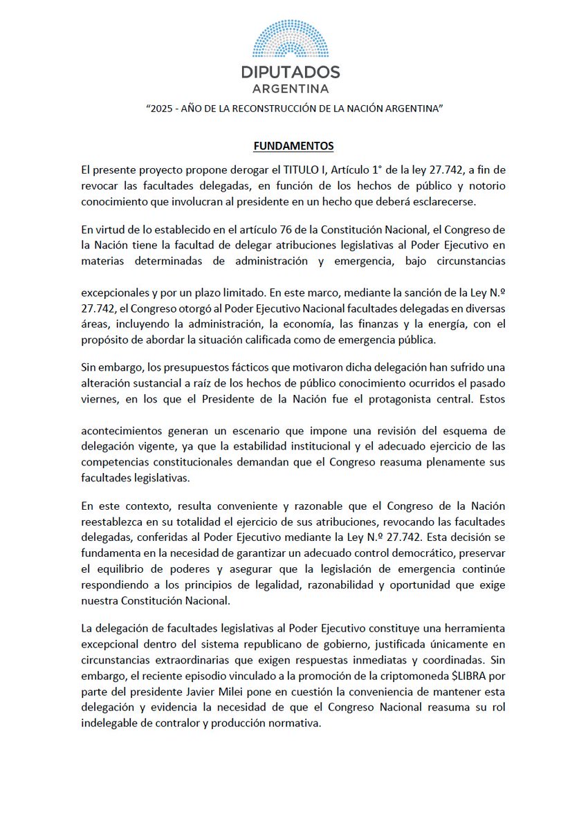 vtolosapaz's tweet photo. Presentamos un proyecto de Ley para que el Congreso Nacional retire la delegación de facultades al Presidente de la Nación votada junto con la Ley Bases.
El momento histórico lo exige, el Parlamento debe fortalecerse como núcleo de nuestra Democracia.