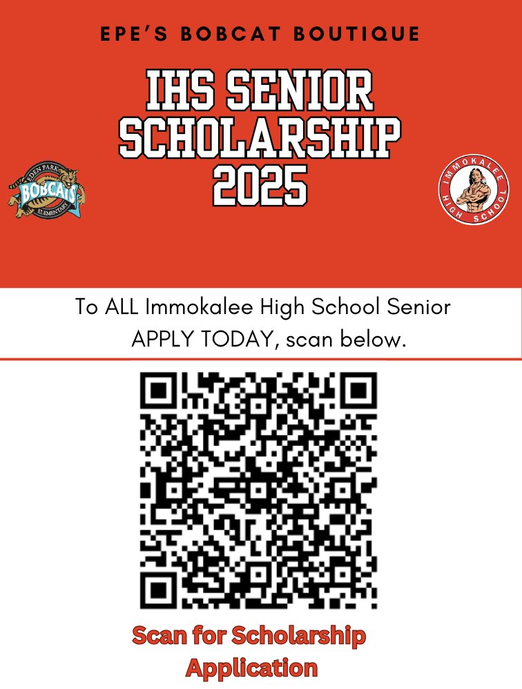 EPE_Tech (@epe_tech) on Twitter photo Reminder to ALL <a href="/Indians_IHS/">Immokalee HS Indians</a> seniors🎓 Class of 2025 to apply for <a href="/EPEBobcats/">Eden Park Elementary</a> Bobcat Boutique Senior Scholarship. Scan the code and fill it out online today!!! <a href="/collierschools/">Collier County Public Schools</a> #ImmokaleeProde Reminder to ALL <a href="/Indians_IHS/">Immokalee HS Indians</a> seniors🎓 Class of 2025 to apply for <a href="/EPEBobcats/">Eden Park Elementary</a> Bobcat Boutique Senior Scholarship. Scan the code and fill it out online today!!! <a href="/collierschools/">Collier County Public Schools</a> #ImmokaleeProde