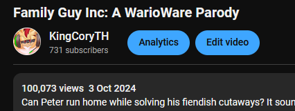 KingCoryTH's tweet photo. Woah that's...that's a freaking lot of people...
100k views after 3 months of steady views is...quite a shock, honestly!
Thank you everyone for watching it, it's been great seeing people like it, and hopefully everyone'll like the Brian one when it's out too! https://t.co/466fDtUF9V