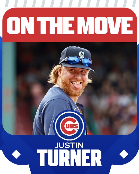 On The Move: Justin Turner, Cubs
Pictured: Justin Turner sticks his tongue out in an alternate blue Mariners uniform with teal and silver lettering.