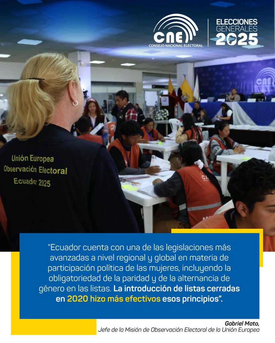CNE_Tungurahua's tweet photo. #InformaciónOficialCNE 📣
Gabriel Mato, jefe de la Misión de #ObservaciónElectoral2025 🔎 de la @moeUEecuador25, destaca la participación política de la mujer en los procesos democráticos, cumpliendo con lo que determina el #CodigoDemocracia. 📖 https://t.co/Xyd3gkyZoN
