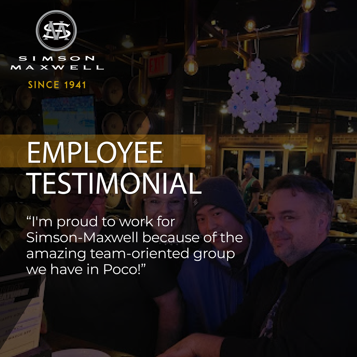 SimsonMaxwell's tweet image. ✨ I'm proud to work for Simson-Maxwell because of the amazing team-oriented group we have in Poco!

#SimsonMaxwellPower #EmployeeTestimonial #CompanyCulture