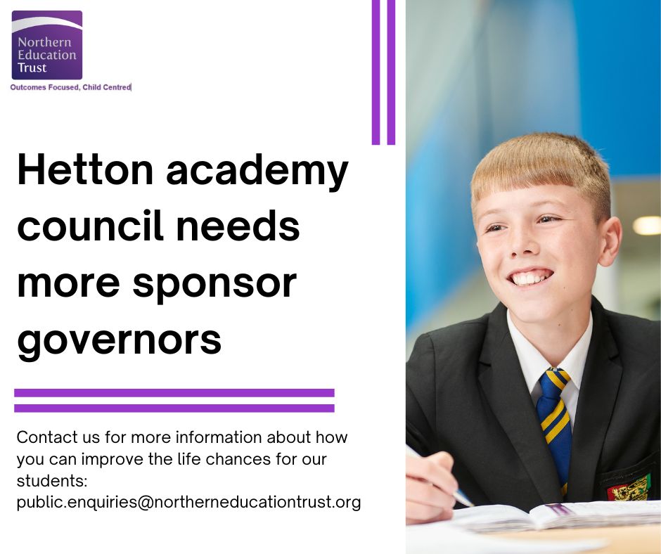 Hetton Academy (@hettonacademy) on Twitter photo Hetton Academy is looking for volunteers with a range of skills and experience to join their academy council. Could you make an impact? Register your interest today: public.enquiries@northerneducationtrust.org Hetton Academy is looking for volunteers with a range of skills and experience to join their academy council. Could you make an impact? Register your interest today: public.enquiries@northerneducationtrust.org