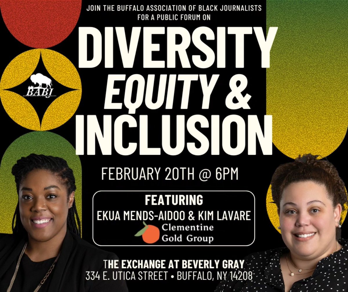 I'Jaz Ja'ciel (@jaz_ciel) on Twitter photo HAPPENING THURSDAY! Join <a href="/NABJ_Buffalo/">Buffalo Association of Black Journalists (NABJ)</a> for a conversation about Diversity, Equity and Inclusion, featuring Ekua Aidoo-Mends and Kim Lavare of Clementine Gold Group. RSVP today to secure your spot for this FREE event!
docs.google.com/forms/d/e/1FAI… HAPPENING THURSDAY! Join <a href="/NABJ_Buffalo/">Buffalo Association of Black Journalists (NABJ)</a> for a conversation about Diversity, Equity and Inclusion, featuring Ekua Aidoo-Mends and Kim Lavare of Clementine Gold Group. RSVP today to secure your spot for this FREE event!
docs.google.com/forms/d/e/1FAI…