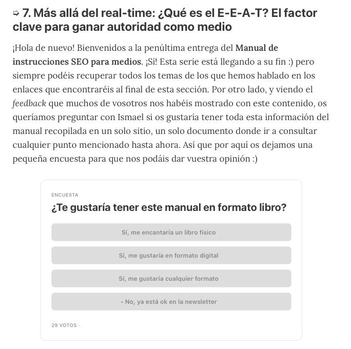 Clara Soteras (@clarasoteras) on Twitter photo ¡Llegamos ya a la penúltima entrega del Manual de instrucciones SEO para medios!😱
Esta semana toca hablar de EEAT. Y si te has perdido alguna edición y quieres tenerlas todas en un pequeño libro, vota en la encuesta para que <a href="/ismaelnafria/">Ismael Nafría</a> y yo le podamos dar una vuelta al ¡Llegamos ya a la penúltima entrega del Manual de instrucciones SEO para medios!😱
Esta semana toca hablar de EEAT. Y si te has perdido alguna edición y quieres tenerlas todas en un pequeño libro, vota en la encuesta para que <a href="/ismaelnafria/">Ismael Nafría</a> y yo le podamos dar una vuelta al