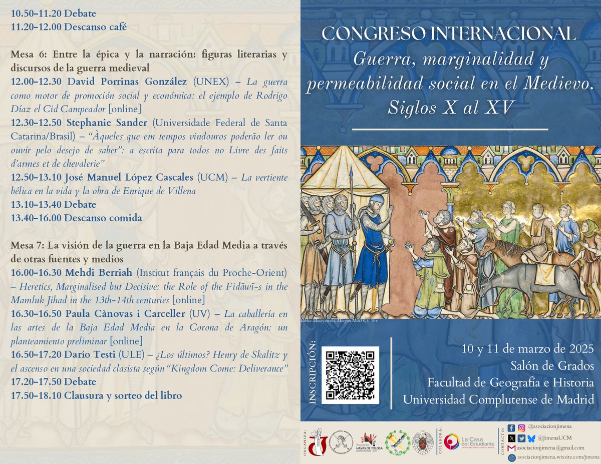 JimenaUcm's tweet photo. Anunciamos el «Congreso Internacional Guerra, marginalidad y permeabilidad social en el Medievo. Siglos X-XV» 🏰⚔️, organizado junto con la Cátedra Extraordinaria Complutense de Historia Militar y el proyecto Navas de Tolosa
📅 10 y 11 de marzo 
📍 Salón de Grados de @geohisucm https://t.co/td0o4LGIJD