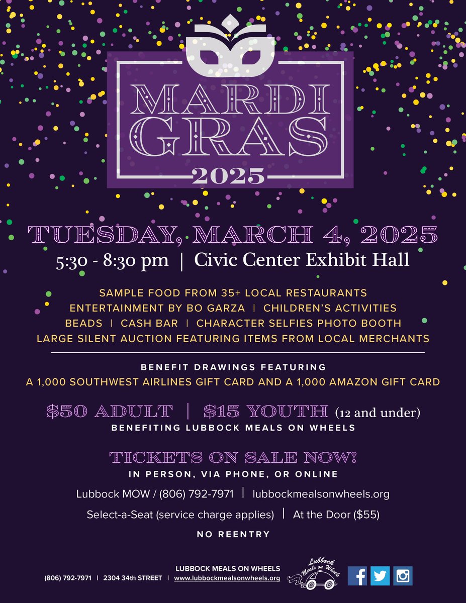 Don't miss out on the best fundraiser of the year!  Lubbock Meals on Wheels' Mardi Gras.  Get your tickets now!  lubbockmealsonwheels.org/mardi-gras-202…