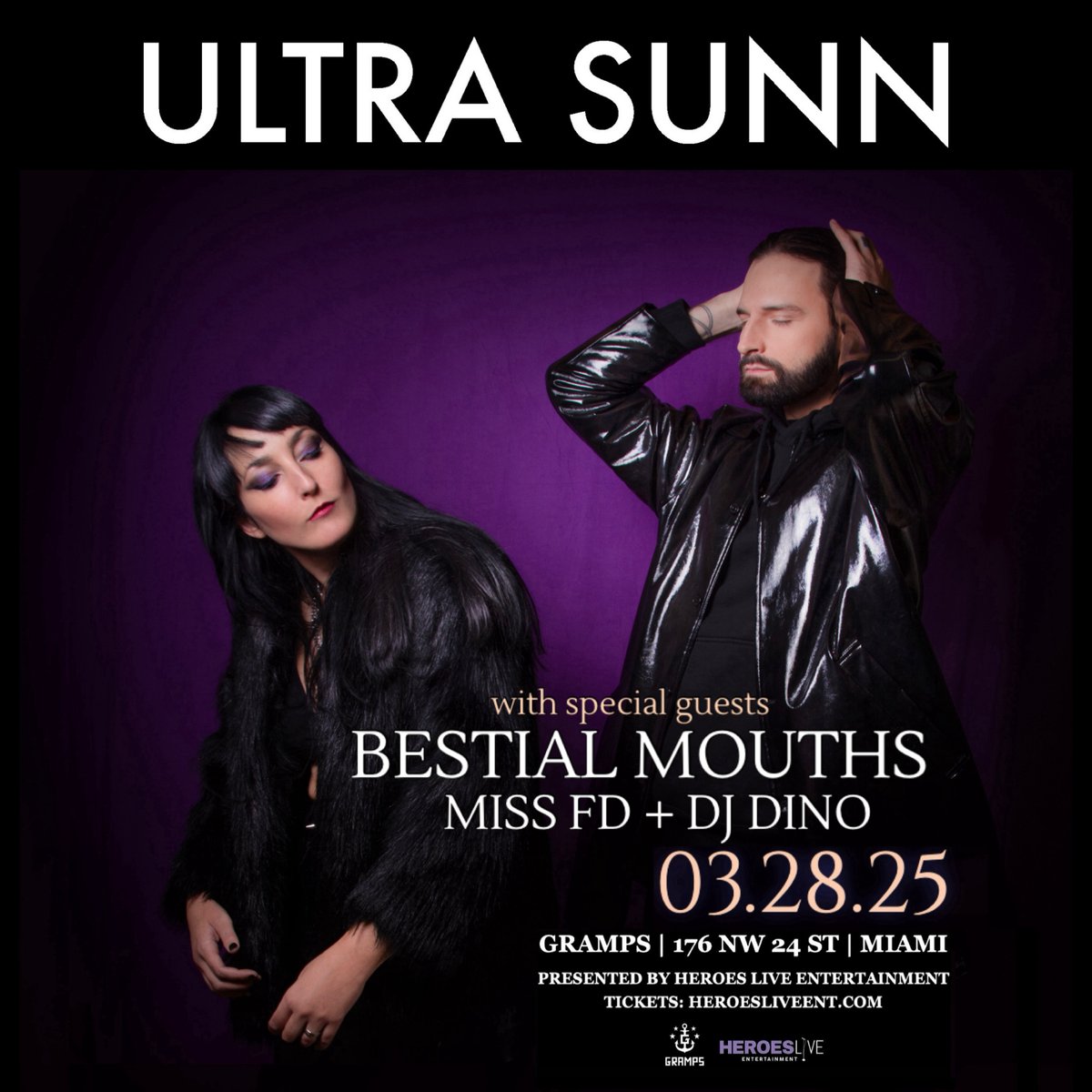 Heroes Live Entertainment (@heroesliveent) on Twitter photo Congrats to <a href="/ultrasunn_/">ULTRA SUNN</a> on winning Band of the Year in Belgium! Don’t miss the debut Florida show on March 28 at <a href="/grampswynwood/">Gramps</a> in Miami w/ #BestialMouths + <a href="/missfdmusic/">Miss FD</a> + <a href="/djdinorio/">DJ Dino</a>
TIX: ultrasunn.eventbrite.com
Presented by <a href="/heroesliveent/">Heroes Live Entertainment</a>
HeroesLiveEnt.com Congrats to <a href="/ultrasunn_/">ULTRA SUNN</a> on winning Band of the Year in Belgium! Don’t miss the debut Florida show on March 28 at <a href="/grampswynwood/">Gramps</a> in Miami w/ #BestialMouths + <a href="/missfdmusic/">Miss FD</a> + <a href="/djdinorio/">DJ Dino</a>
TIX: ultrasunn.eventbrite.com
Presented by <a href="/heroesliveent/">Heroes Live Entertainment</a>
HeroesLiveEnt.com