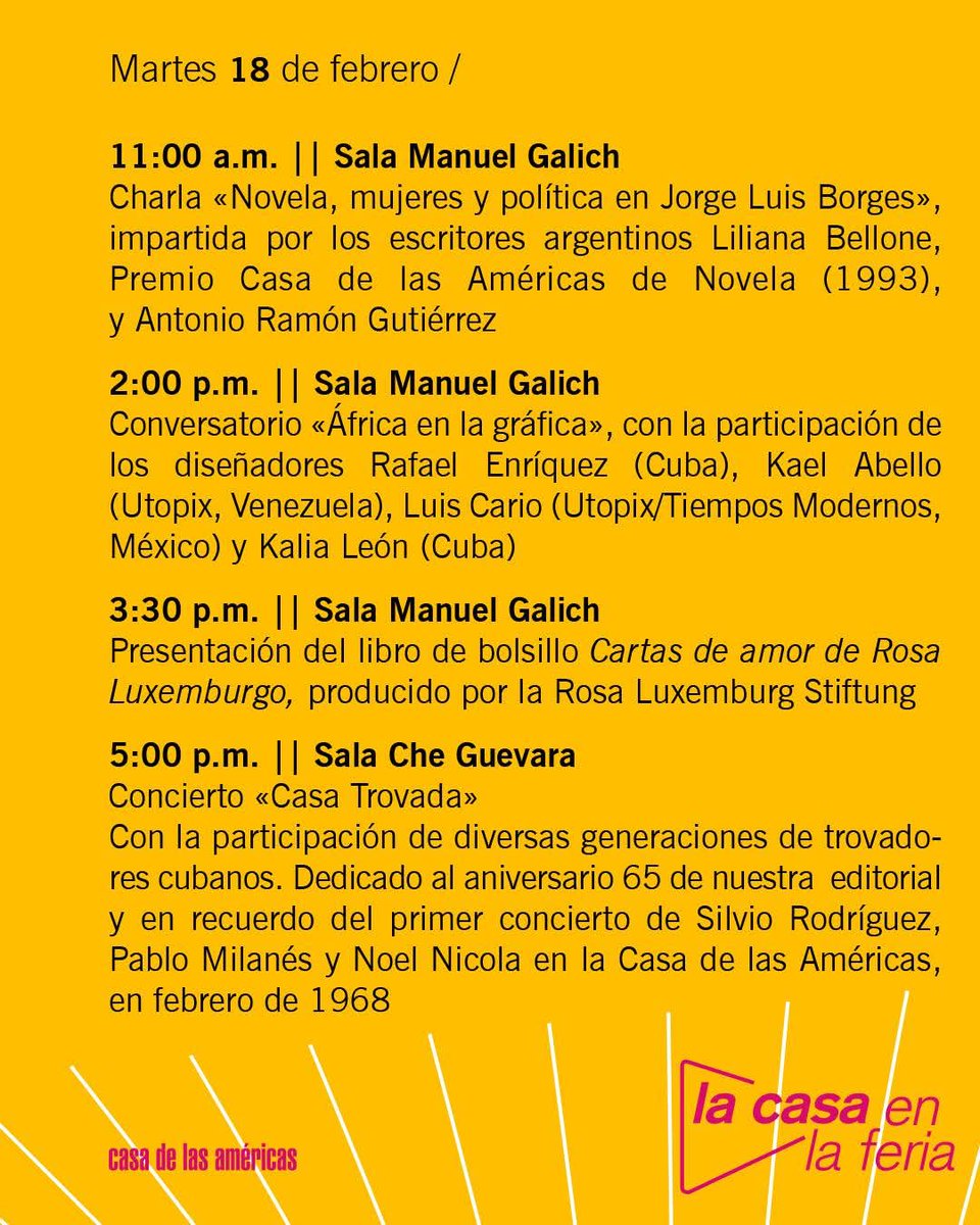 Hoy en la <a href="/CasAmericas/">Casa de las Américas</a> continúa la programación de nuestra Feria del Libro. A las 5 pm, un concierto con trovadores de distintas generaciones en recuerdo de aquel concierto fundador en 1968 de Silvio, Pablo y Noel. #FILCUBA2025