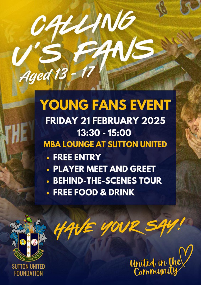 Claire Loughlin - Sutton Utd SLO (@suttonutd_slo) on Twitter photo Updated date for the <a href="/SUFCFoundation/">Sutton United Foundation</a> young fans event.
Meaning there will be lots more players about for meet and greet!
Hope to see lots of you there.
#SuttonUnited #ForeverAmber #AmberArmy Updated date for the <a href="/SUFCFoundation/">Sutton United Foundation</a> young fans event.
Meaning there will be lots more players about for meet and greet!
Hope to see lots of you there.
#SuttonUnited #ForeverAmber #AmberArmy