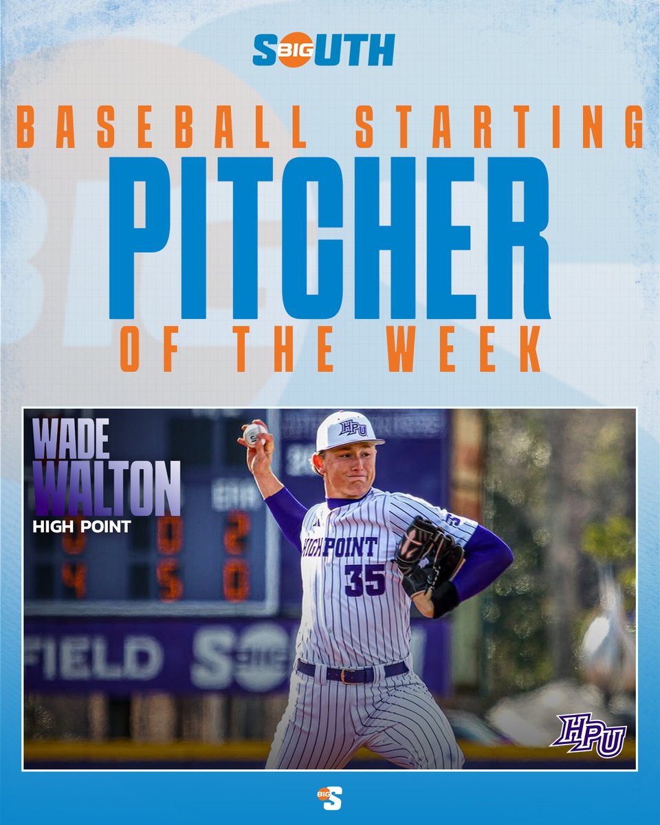 Big South Conference (@bigsouthsports) on Twitter photo He pitched a complete game shutout 0️⃣ with 🎱 strikeouts in his freshman debut 💪
<a href="/HPUBaseball/">High Point Baseball</a>'s Wade Walton is the #BigSouthBase Co-Starting Pitcher of the Week! He pitched a complete game shutout 0️⃣ with 🎱 strikeouts in his freshman debut 💪
<a href="/HPUBaseball/">High Point Baseball</a>'s Wade Walton is the #BigSouthBase Co-Starting Pitcher of the Week!