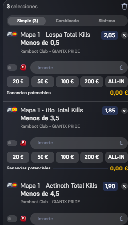 ⚔️ Ramboot vs GIANTX

Tres bets a jugadores.

Stake plano.