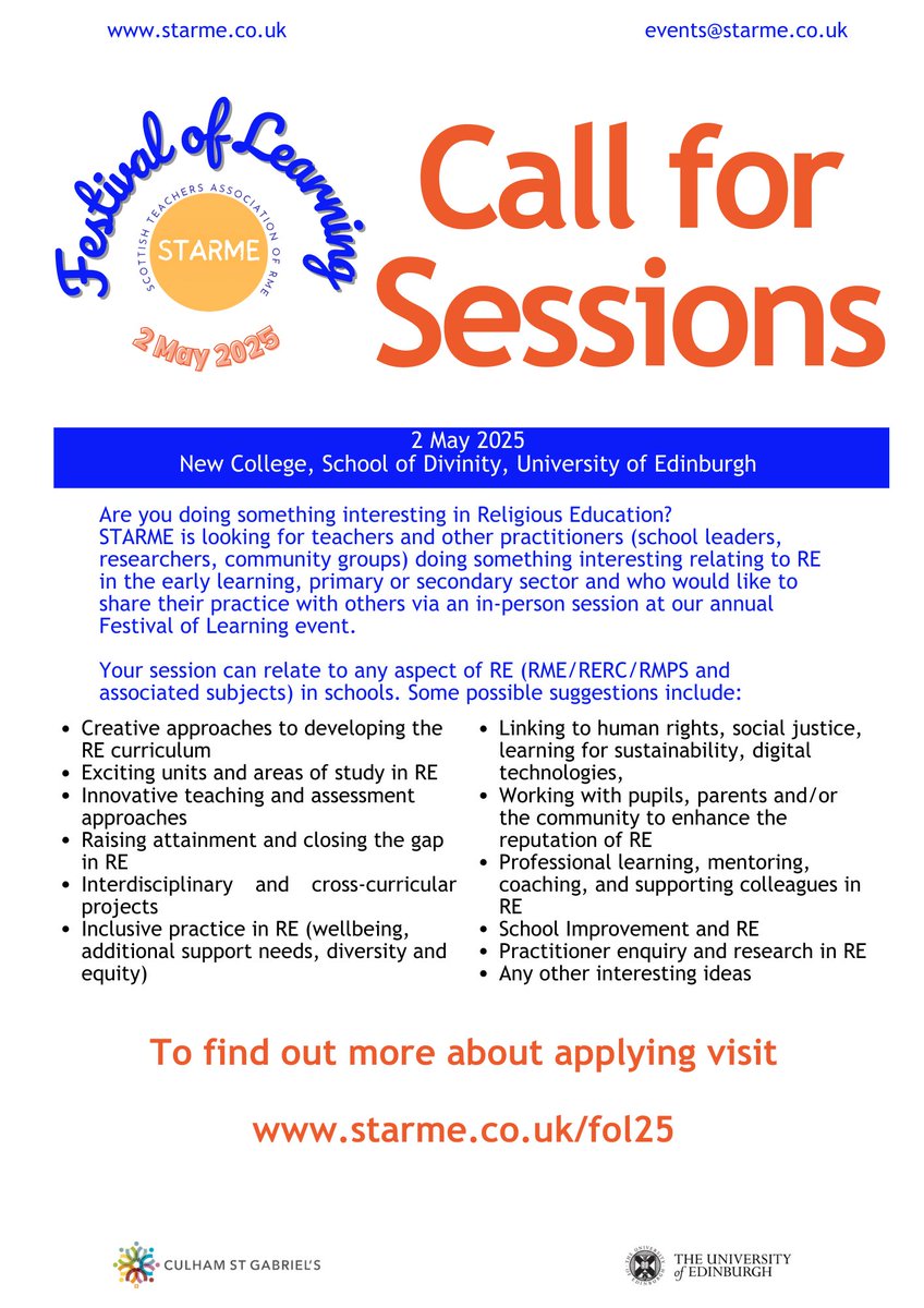 Join us at the Starme Festival of Learning 2025 in Edinburgh! 🌟 We're calling on passionate RE teachers, school leaders, researchers, and community practitioners to share their innovative work and expertise.

starme.co.uk/2025/02/18/fol…