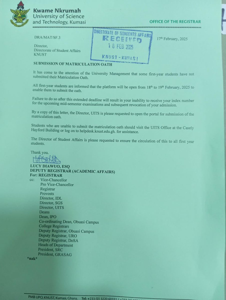 cabeesaknust's tweet image. [⚪️🔵CABEESA REPORTS🔴⚪️]

All first-year students who haven&apos;t taken the Matriculation Oath are required to sign up immediately via
 (matriculation.knust.edu.gh)

#CabeesaKnust #SRCWeekIsBack