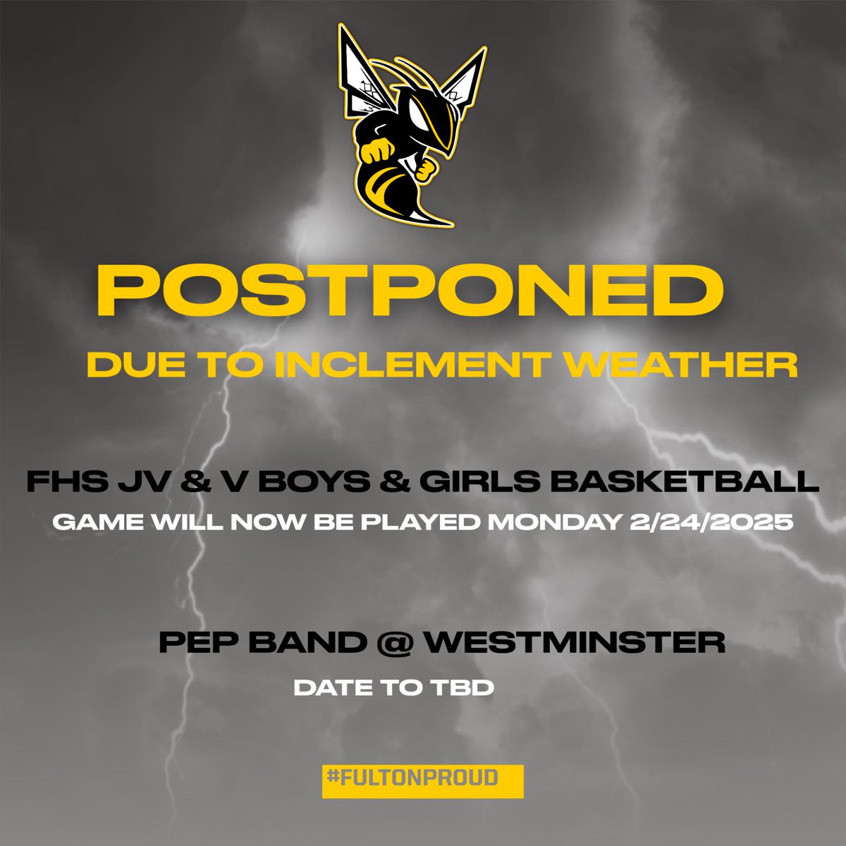 Due to weather, there will not be any activities or athletics today. FHS Basketball will now take on the Mexico Bulldogs Monday, February 24, 2025.  Pep Band has been postponed with a date TBD.  Stay Warm and Go Hornets!!