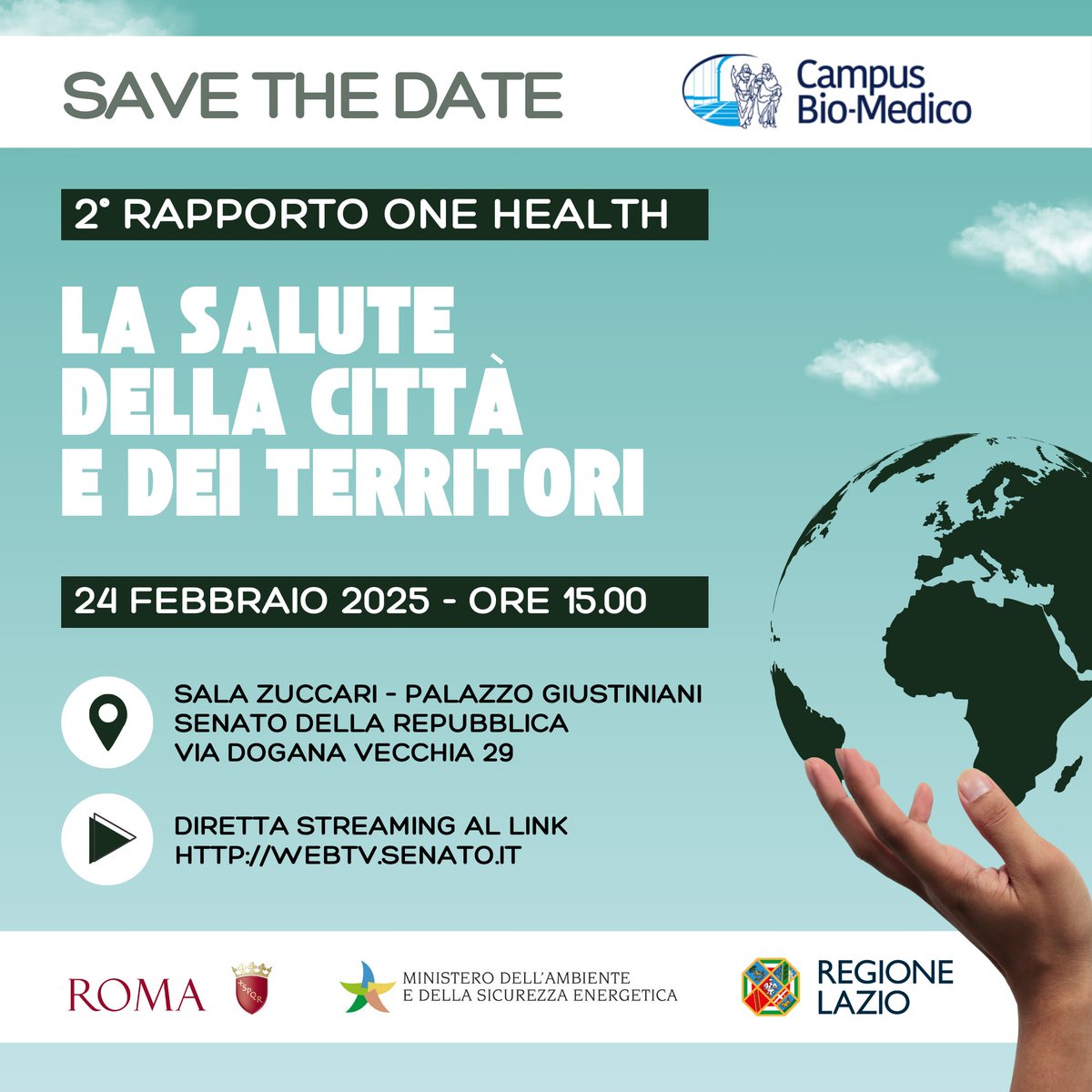 Campus Bio-Medico SpA (@cbm_spa) on Twitter photo “La Salute della Città e dei Territori”: presentazione del secondo Rapporto One Health con il patrocinio di <a href="/Roma/">Roma</a> Capitale, del <a href="/MASE_IT/">Ministero Ambiente e Sicurezza Energetica</a> e della <a href="/RegioneLazio/">Regione Lazio</a>.
Senato della Repubblica, lunedì 24 febbraio ore 15.
Live streaming webtv.senato.it “La Salute della Città e dei Territori”: presentazione del secondo Rapporto One Health con il patrocinio di <a href="/Roma/">Roma</a> Capitale, del <a href="/MASE_IT/">Ministero Ambiente e Sicurezza Energetica</a> e della <a href="/RegioneLazio/">Regione Lazio</a>.
Senato della Repubblica, lunedì 24 febbraio ore 15.
Live streaming webtv.senato.it